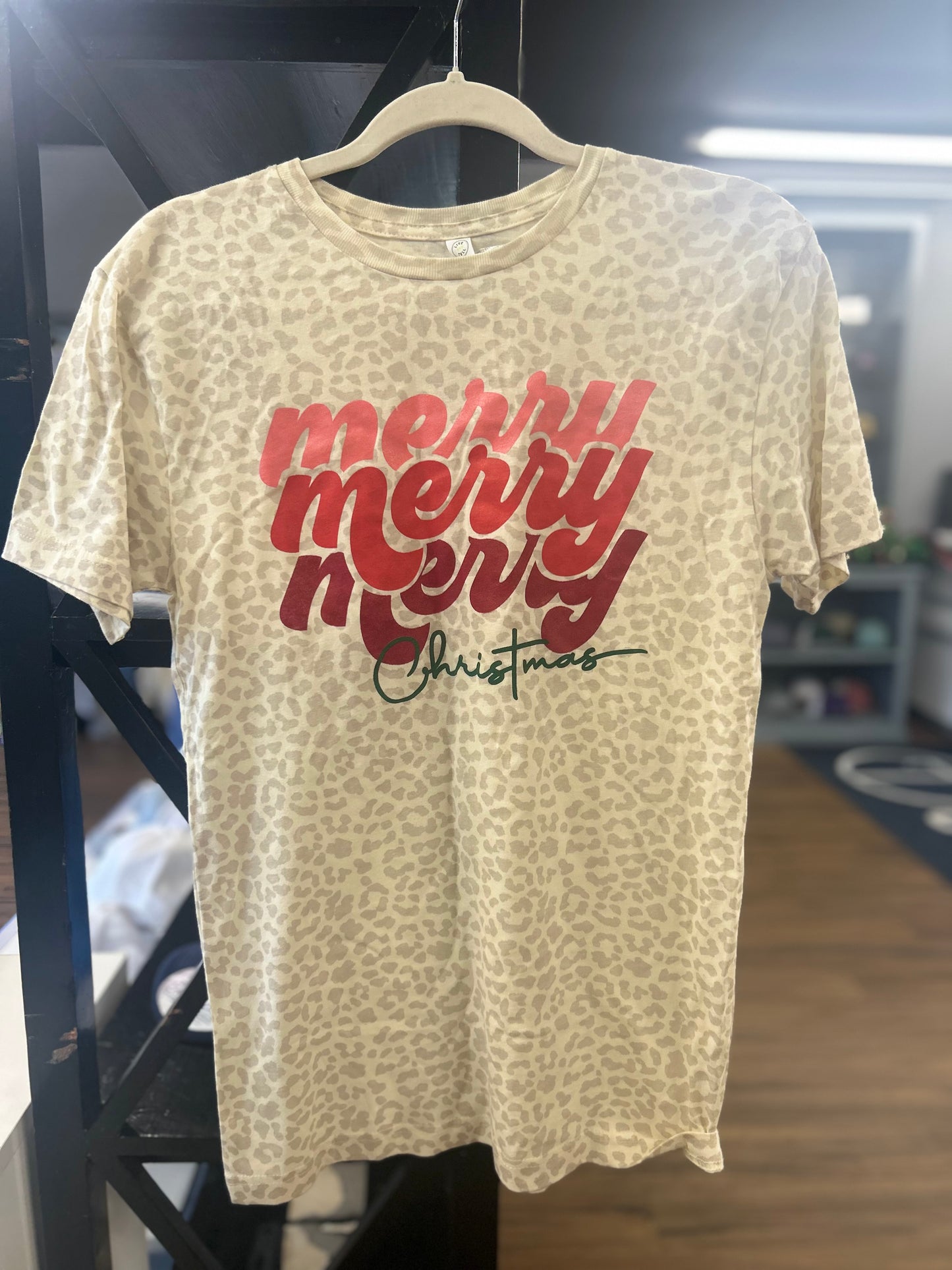 Merry Merry Merry Christmas Cheetah Print Tee