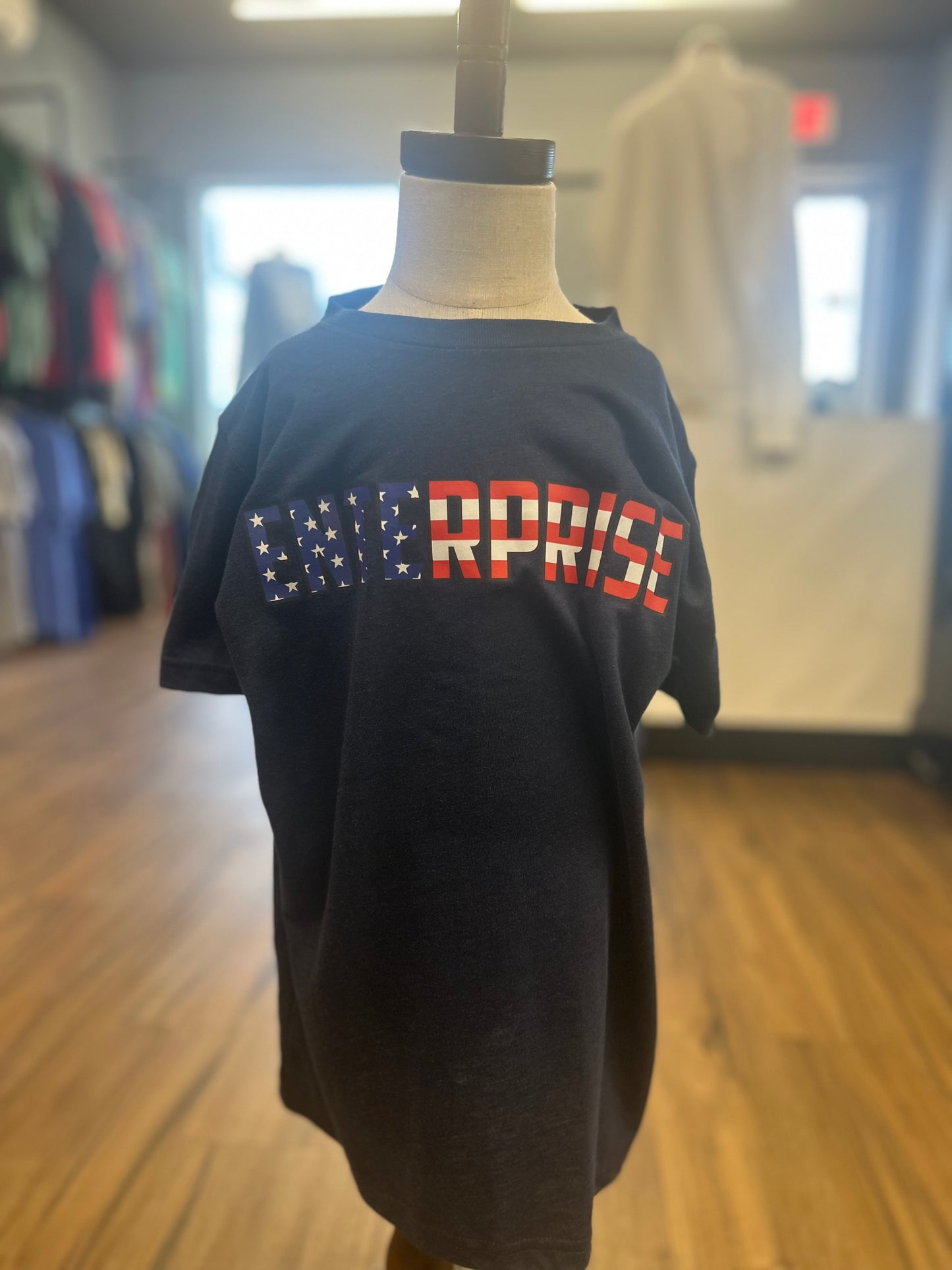 Navy Bella Canvas Enterprise American Flag Letters Tee
